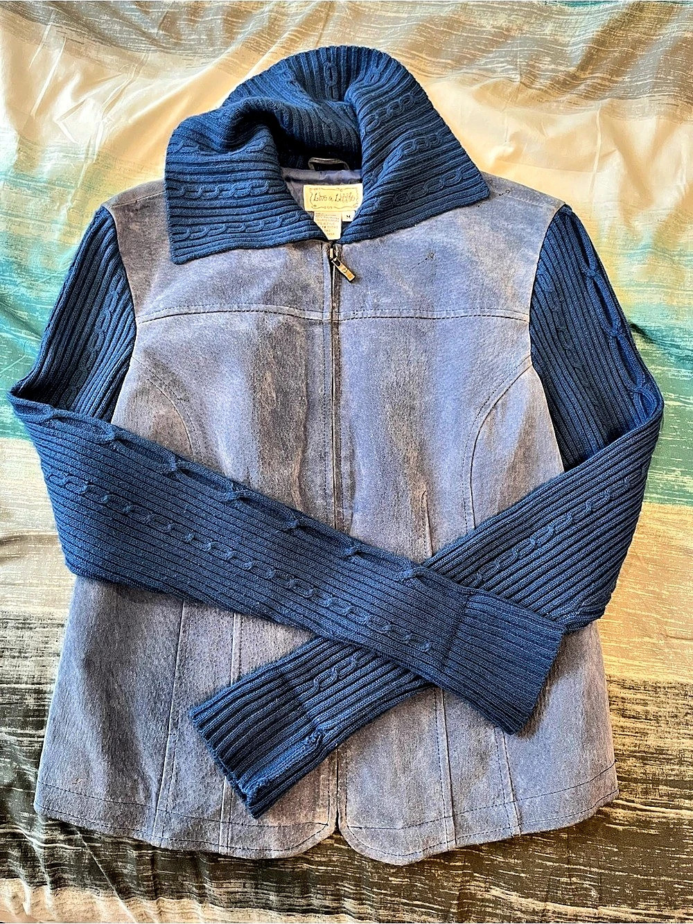 Stunning Vintage Real Leather Blue Sweater Jacket